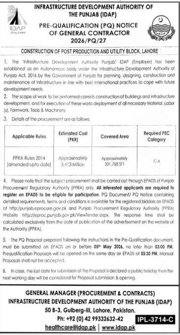 CONSTRUCTION OF POST PRODUCTION AND UTILITY BLOCK, LAHORE - Infrastructure Development Authority of the Punjab (IDAP)